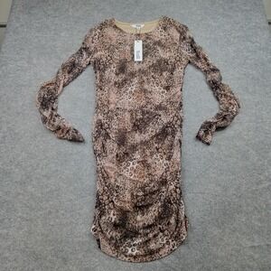 BB Dakota Steve Madden Dress Womens Medium Brown Animal Print Ruched Long Sleeve